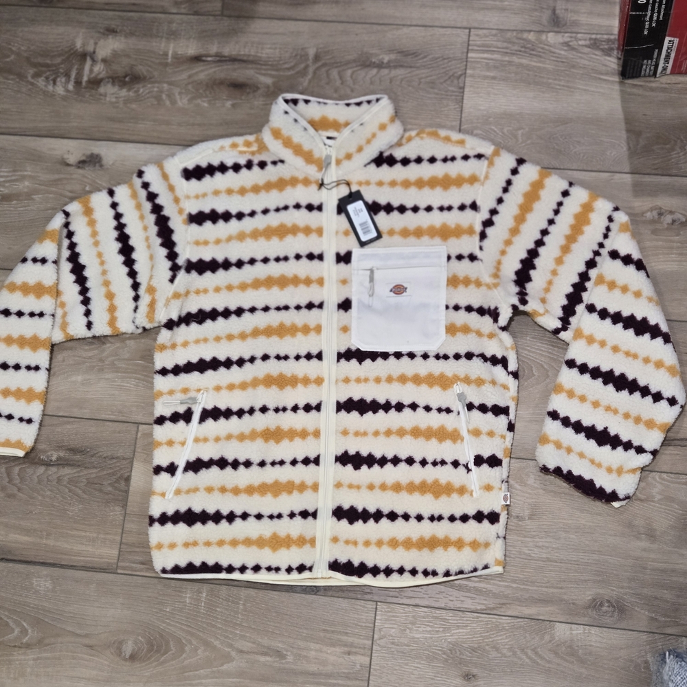 Cream Striped Sherpa Zip Jacket with Gold & Maroon Pattern